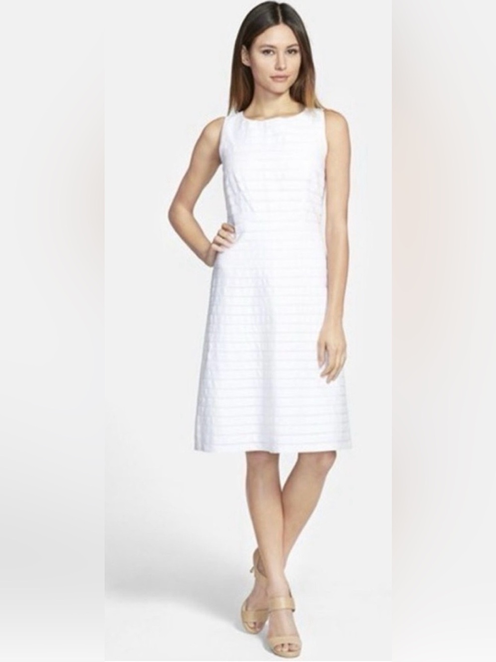 NWT Lafayette 148 New York Sz 12 White Textured Linen Sleeveless A-Line Dress